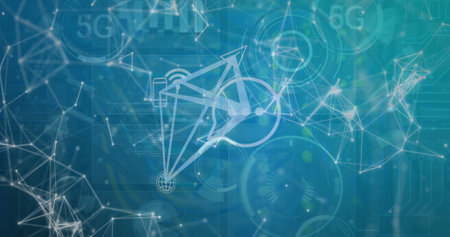 Image of computer icons and dots interconnecting with lines and circles with 5g text. Hologram, digitally generated, telecommunications, internet, futuristic and technology concept.の写真素材