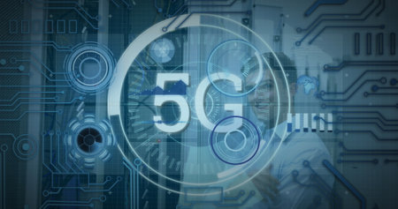 Image of 5g text banner and round scanners over caucasian male engineer at computer server room. Global networking and business data storage technology conceptの写真素材