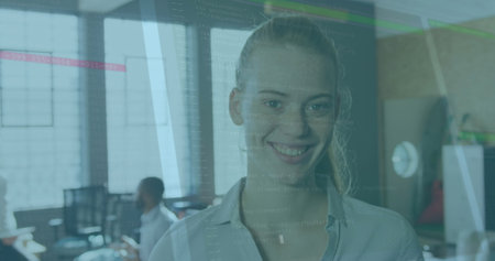 Image of data processing against portrait of caucasian woman smiling at office. Computer interface...