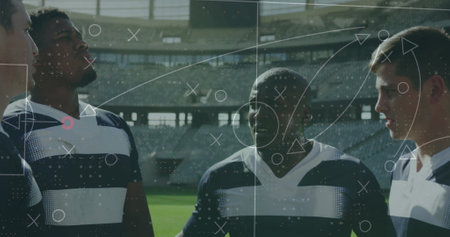 Image of game plan over diverse male rugby players. Global sport and digital interface concept digitally generated image.の写真素材