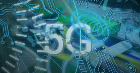 Displaying large 5G text in virtual network environment, with circuit traces and data flow arrows. Futuristic, technology, connectivity, digital, innovation, cyberspace, networkの写真素材