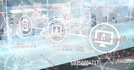 Image of tech icons, numbers and math formulas on grey background. Network, math, science and technology concept digitally generated image.の写真素材