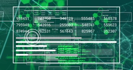 Digital image of interface with changing numbers and graphs over computer language. Hologram,...