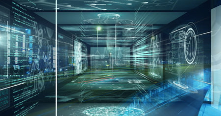 Image of data processing over cityscape. Global technology, computing and digital interface concept...
