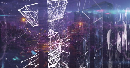 Image of network of connection over cityscape. Global connections, data processing and digital interface concept digitally generated image.の写真素材