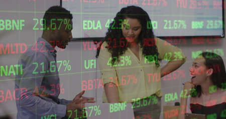 Image of financial data and graphs over diverse businesspeople in office. Business, finance,...