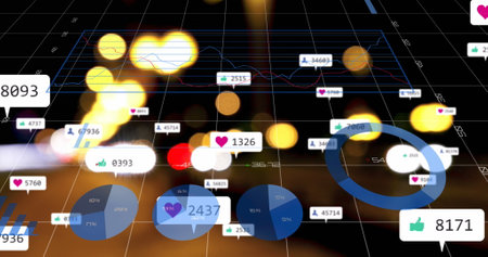 Floating social media analytics elements highlighting urban street with heart, like and user counts....