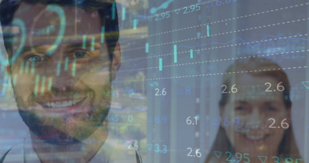 Image of digital graphs and numbers moving over portrait of cacuasian happy doctors in hospital. Digital composite, multiple exposure, teamwork, infographic, futuristic, medical and healthcare.の写真素材