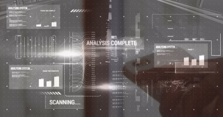 Image of data processing over smiling businessman. Global internet security connections and data processing concept digitally generated image.の写真素材