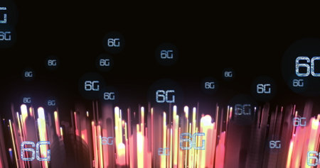 Image of 6g and yellow lights on black background. Network, connections, communication and...