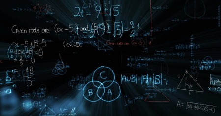 Digital image with various mathematical formulas and geometric diagrams. image, data, mathematics,...