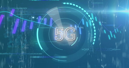 Digital image of 5g text in circular graphical scanner over moving candlestick chart graph....