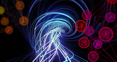 Image of connections and blue lines on black background. Network, connections, communication and...