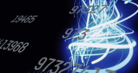 Image of digital changing numbers and illuminated light stripes on black background, copy space. Hologram, digitally generated, glowing, infographic, futuristic and technology concept.の写真素材