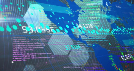 Image of binary coding data processing and network of connections. Global data processing networks...