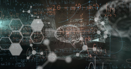 Image of digital screen with scientific data, brain and math formulas on black background. Science, math, knowledge and education concept digitally generated image.の写真素材