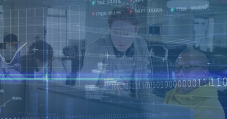 Image of finance data moving against multiracial colleagues discussing on computer in office....