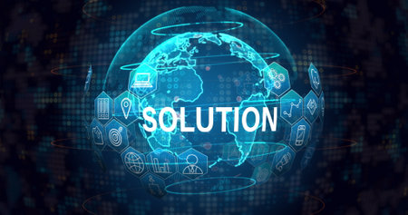 Image of solution text with icons over globe on black background. Global business and digital interface concept digitally generated image.の写真素材