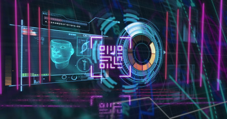 Image of scope scanning and data processing on screen. Global science and digital interface concept...