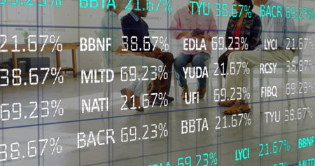 Image of financial data over diverse people during support meeting. Health, medicine and technology...