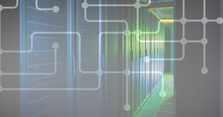 Digital composite of dots interconnecting with lines over server room. image, multiple exposure,...