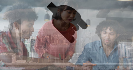 Digital icons floating against caucasian businessman using smartphone at office. Global business connections digital interface and technology concept digitally generated image.の写真素材