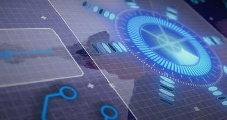 Image of digital screen with data over hands of caucasian man with smartphone. Data processing,...