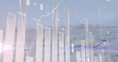 Displaying financial chart overlay on sandy beach with candlestick bars trend line numeric labels. Seascape, financial analysis, sunset, minimalistic, ocean view, data visualization, investmentの写真素材
