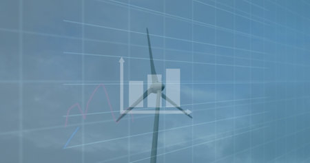 Image of graphs and data over wind turbine. Green energy, econ power and eco awareness concept...