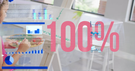 Image of data processing over diverse schoolchildren painting. Global education, computing and digital interface concept digitally generated image.の写真素材