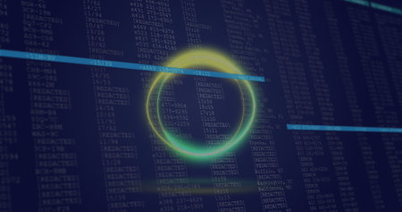 Image of neon circle over data processing on navy background. Global network, data and technology concept digitally generated image.の写真素材