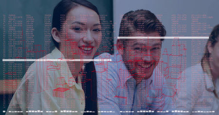 Smiling two colleagues examining projected 3D schematics and code at conference table with laptop. Technology, innovation, teamwork, digital, analytics, enterprise, futuristicの写真素材