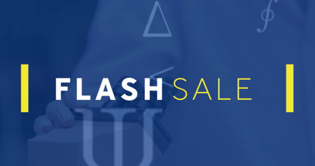 Image of flash sale text over caucasian doctors using microscope. Global medicine and digital interface concept digitally generated imageの写真素材