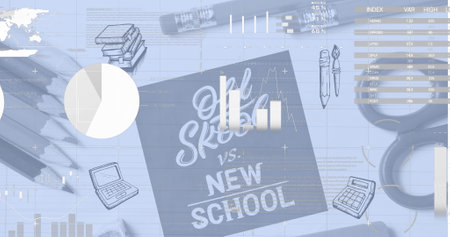 Image of infographic interface and oldskool vs newschool text on screen with stationery. Digital composite, multiple exposure, database, investment, education and technology concept.の写真素材