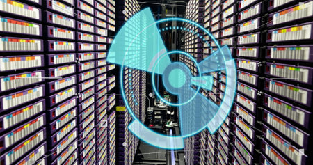 Image of green circle with radar over servers. Computers, data processing and technology concept...