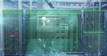 Image of medical data processing over computer servers. Global computing, connections, data...