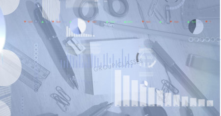 Image of infographic interface over group classes text on sticky notes and stationery on table....