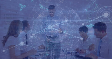 Image of computer language, globe and dots over caucasian man briefing project to coworkers. Digital composite, multiple exposure, teamwork, meeting, communication, business and technology.の写真素材