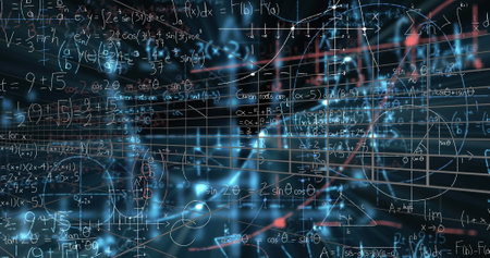 Image of digital screen with data and math formulas on black background. Science, math, knowledge and education concept digitally generated image.の写真素材