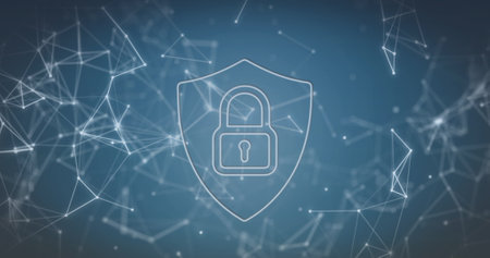 Displaying white shield emblem securing abstract digital network with padlock icon, nodes and lines. Cybersecurity, protection, security, technology, innovation, digital, networkの写真素材