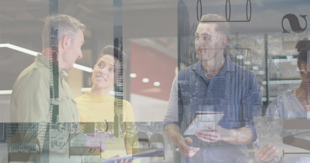 Image of diverse businesspeople in office over cityscape. Global business, cooperation and working...