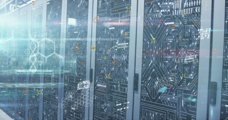 Image of dna strand and data processing over computer servers. Global computing, connections, data...