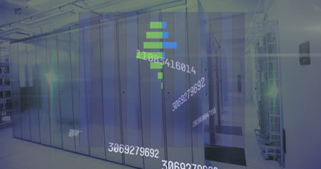 Image of graph and numbers over servers. Network, computers, finance, data processing and technology...