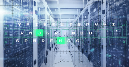 Image of letters and data processing over computer servers. Global computing, connections, data...