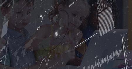 Image of data processing over diverse schoolchildren using laptop. Global business and digital...