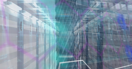 Image of colourful scanner processing over computer server and city building. Global communication,...