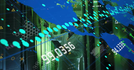 Image of data processing over asian male worker in server room. Global business and digital...
