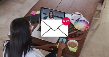 Image of email icon with numbers over caucasian woman on laptop image call. Global social media,...