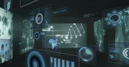 Image of data processing and media icons over cityscape. Global digital interface technology and...