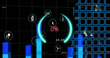 Image of ecology icons over data processing and circles. Global business and digital interface...